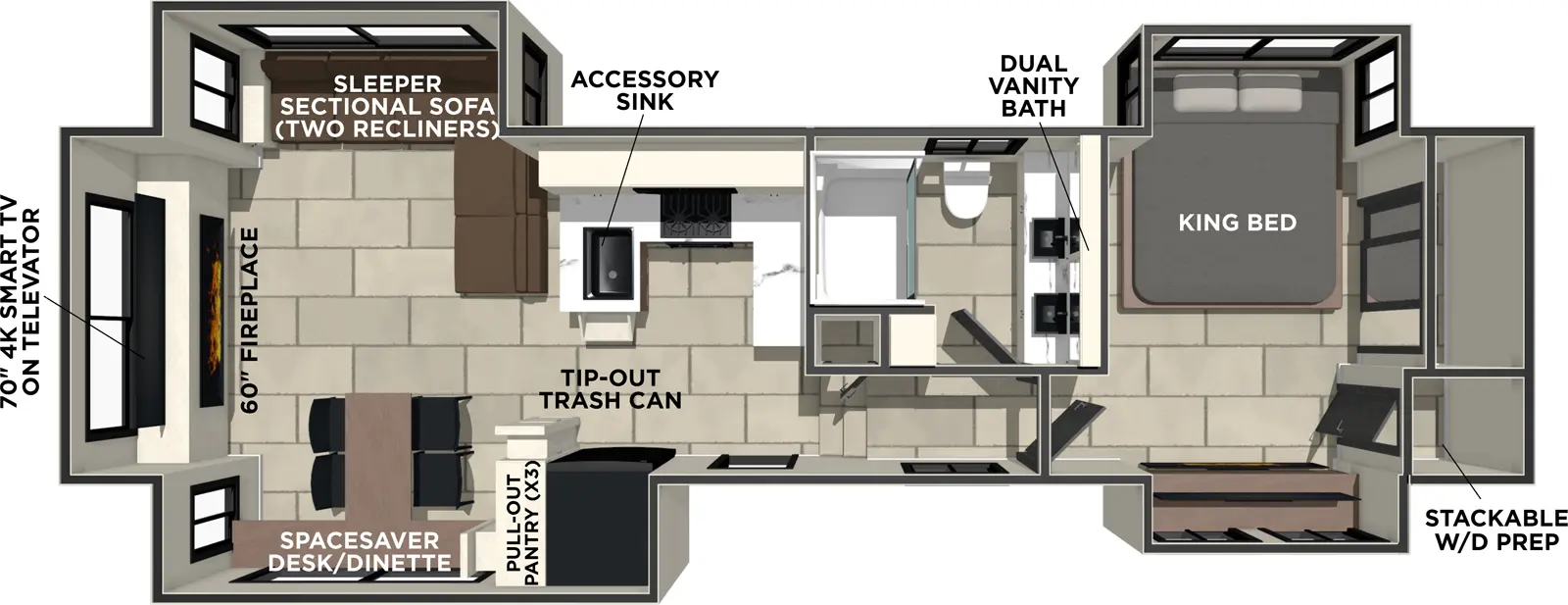 The Sanibel 34LOUNGE floorplan has one entry and four slide outs. Exterior features include: fiberglass exterior. Interiors features include: front bedroom and rear living.